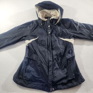 Columbia Womens Black & White Hooded Full Zip Jacket Parka Roll Up Hood, Light